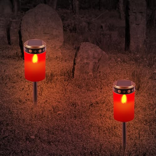 GOMETY 2 lumini tombali a energia solare, a LED, impermeabili, per esterni, con sensore di luce, candela solare con picchetto, candele per esterni, 7 x 14,3 cm