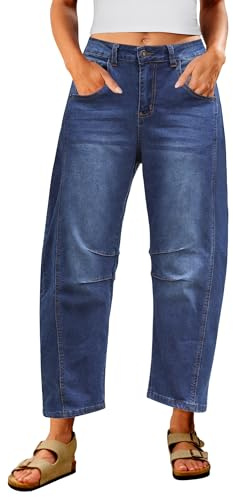 Utyful Barrel Jeans Women Cropped Baggy Trendy High Waisted Distressed Loose Stretch Denim Trouser Jeans with Pockets, Classic Blue, XL