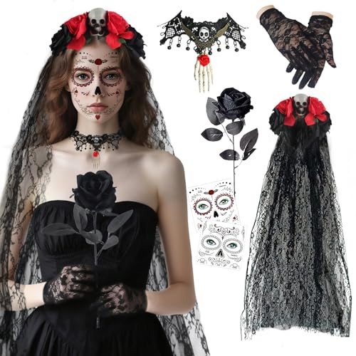 RosyFate Voile Noir Halloween, Voile Noir avec Rose Noire, Gants de Dentelle, Tatouage Halloween Visage, Costume Dia De Los Muertos, Serre-Tête Halloween, pour Jour Des Morts Carnaval (Rouge)