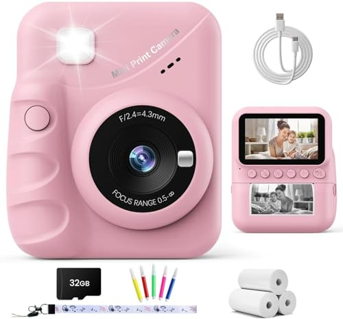 TIATUA Omedelbar barnkamera, 3,0-tums digitalkamera för barn, 32 GB kort och 3 rullar tryckpapper, present till 3–12 år gamla flickor och pojkar (rosa)