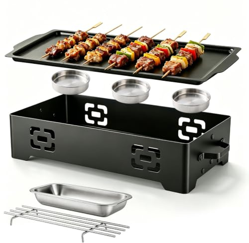 Joyzan Plaque Chauffante pour BBQ, Récipient de Maintien au Chaud en Acier Inoxydable avec Revêtement Anti-Adhésif Chauffe-Plats Barbecue avec 3 Supports Bougies (Sans Bougies) pour L'extérieur Jardin