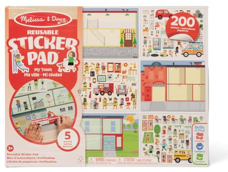 Melissa & Doug Libro Adesivi Attacca e Stacca - Album Stickers Riutilizzabili Città, Negozio, Ristorante, Caserma, Giochi Creativi da Viaggio, Regalo per Bambini e Bambine, 3+ Anni - Certificati FSC