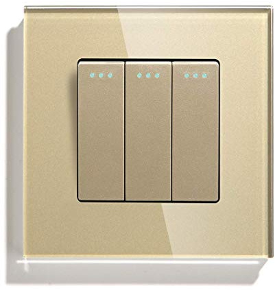 BSEED Light Switch 3 Gang 2 Way Glass Light Switches Screwless 10A Rocker Tactile Wall Switch Gold Crystal Toggle Switch