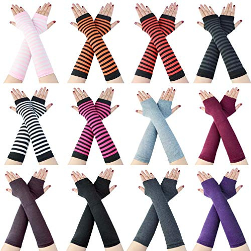 Tongcloud 12 Pairs Women Winter Long Fingerless Gloves Knitted Arm Warmers Thumbhole, Elbow Length Stretchy 11.8x3.5''