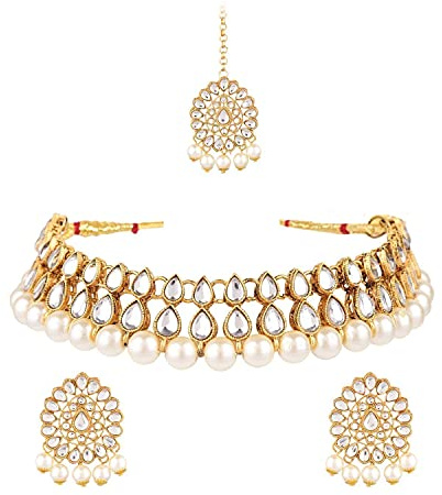 Efulgenz Kundan Necklace Indian Jewelry Kundan Crystal Faux Pearl Necklace Set Bollywood Wedding Choker Necklace Earrings Maang Tikka Bridal Set for Women
