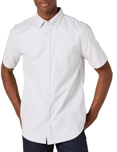Amazon Essentials Men's Slim-Fit Short-Sleeve Stretch Oxford Shirt with Pocket Shirt, -Light Grey, Medium