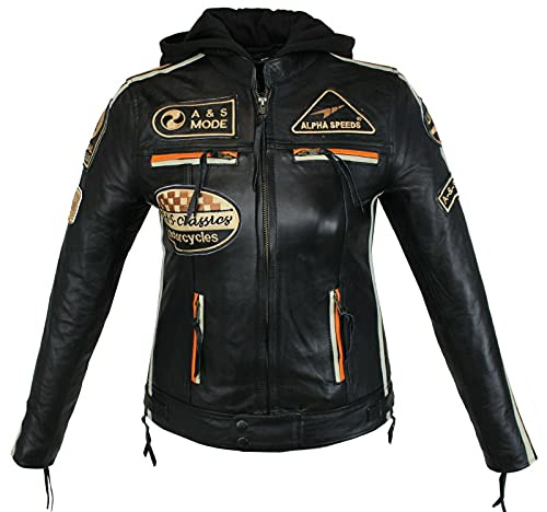 EURO STARS Damen Motorrad & Freizeit Lamm Leder Jacke Schwarz, Biker Ladies Leather jacket (S, Schwarz mit Orange&Beige Streifen)