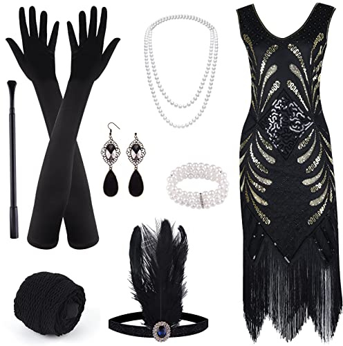 ELECLAND 1920s V Neck Sequin Beaded Fringed Dress with 20s Accessories Set (Black, Large)