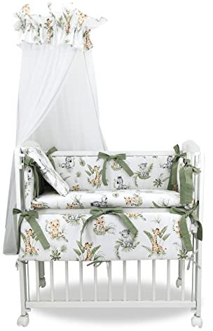 Baby Delux Beistellbett Set Babybett Komplett Set Stubenwagen weiß 90x40 mobil mit Rädern inkl. Bettwäsche Matratze (Dschungel)