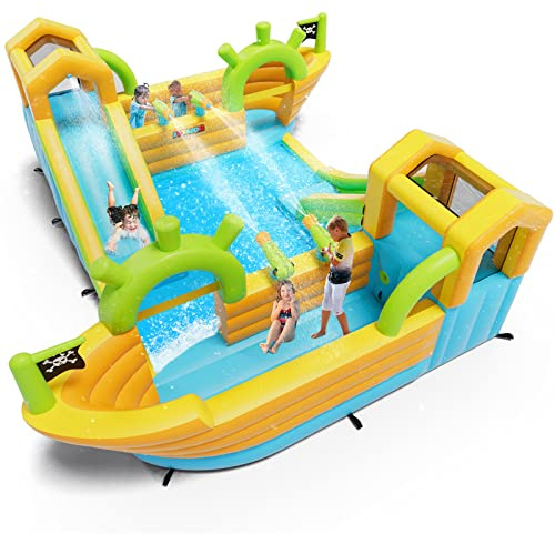 JOYMOR Inflatable Water Slide Park, 2 Pirate-Boat Giant Water Slide Bounce House w/4 Water Cannons, Challenge Climbing Wall, 10-in-1 Water Slides for Kids Backyard Outdoor w/Blower, Up to 6 Kids