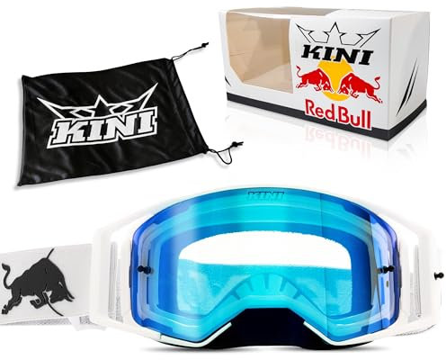 Kini Red Bull Motocross Brille für Herren und Damen [PREMIUM] Verspiegelt Schwarz Weiß + Brillentasche Mit Integriertem Putztuch - für Brillenträger Geeignet - Downhill