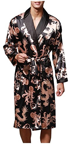 Mens Satin Kimono Robe Clearance Luxury Silk Dressing Gown Short Style, Men Oversized Floral Printed Knee Length Bath Robes with Oblique V-Neck Plus Size Soft Loungewear Nightwear with Pockets Belt