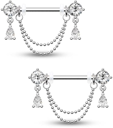 CM Crareesi Mania 14G Nipple Rings Double Chain Nipple Piercing Jewelry Teardrop Silver Nipple Jewelry 316L Stainless Steel Nipple Piercing Rings