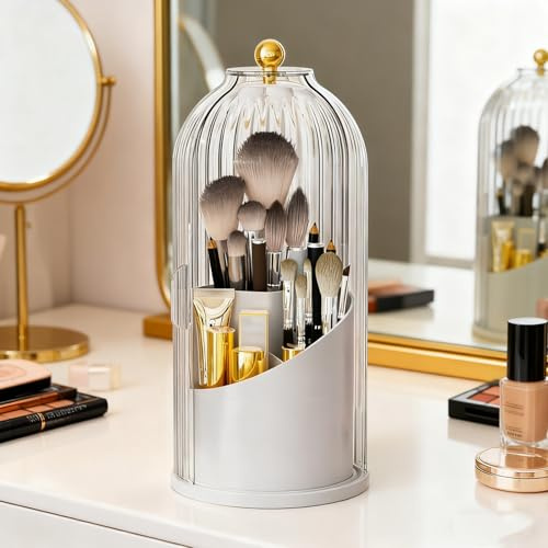 Primst Makeup Brush Organizer, Rotating Makeup Brushes Storage with Lid, Cosmetic Tools Organizer for Vanity Desktop Bathroom Countertop (White)