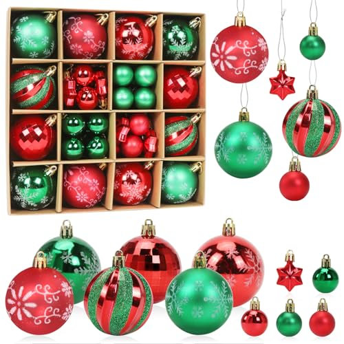 Weihnachtskugeln Rot Grün, 44 Stück Christbaumkugeln Kunststoff Set, Weihnachtsdeko Kugeln Stern, Christbaumschmuck Große & Kleine, Weihnachtsbaumschmuck Weihnachtsbaum Deko
