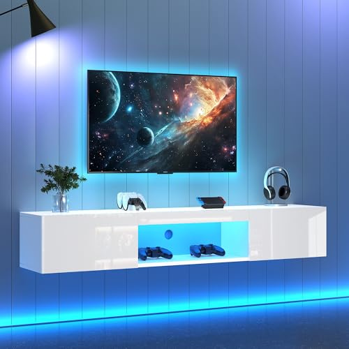 Merax Armario de TV con iluminación LED, armario bajo blanco brillante colgante, ancho 160 cm, mueble para TV con 2 puertas abatibles, compartimento abierto, armario moderno para sala de estar,
