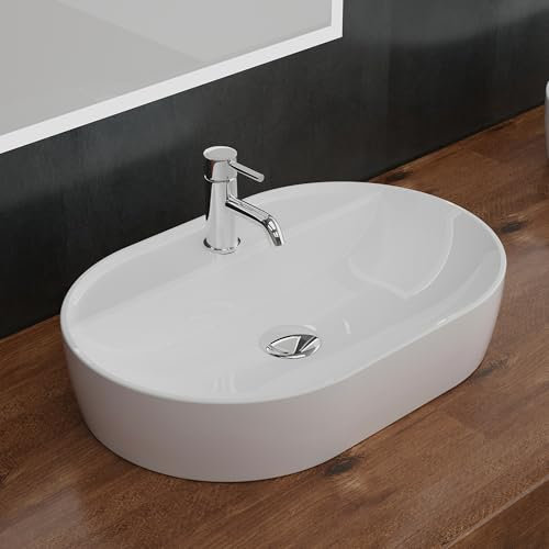 Alpenberger Waschbecken 60 cm Breit | Aufsatzwaschbecken Oval | Waschschüssel mit Nano für Badezimmer und Gäste WC | Waschtisch Klein | Waschschale mit Hahnloch