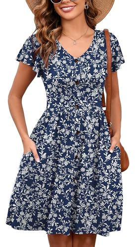 Heymoments Women Summer Dress Vine Flower Small Ruffle Sleeve V Neck Casual Cute Loose Sundress Comfy Swing Button Down Midi Work Flowy Tunic Ladies Beach Vacation Teacher Dresses with Pockets