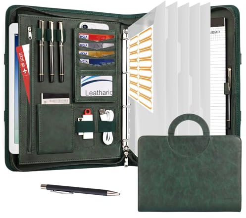 Leathario Cartella Portadocumenti A4 in pelle vegana, con Maniglia, Quaderno, Portadocumenti con Portablocco Raccoglitore ad Anelli, Protezioni Colorate per Fogliper Colloqui, Viaggi,Riunioni