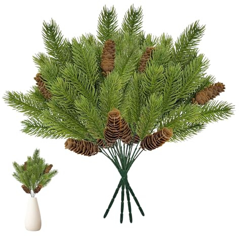 TZQFROCE 4 rami di abete artificiali, con pigne di pino, rami di abete finti, accessori fai da te, per Natale e decorazione della casa