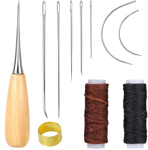 Set di aghi in pelle, Ago da Cucito in Pelle, 11 Pezzi Attrezzi Cuoio Kit, 2 rotoli filo cera, Aghi Curvi con Punteruolo di Cucitura, ditale, riparazione per tappezzeria, tappeti, divani