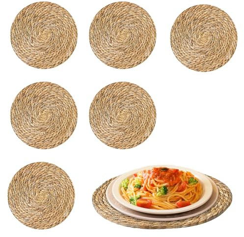 Juego de 6 manteles Individuales Redondos de Junco Tejido a Mano, 30 cm. Platzsets Lavables y Redondos para Mesa de Comedor, Cocina, decoración Bohemia, Estilo rústico y gastronomía de jardín