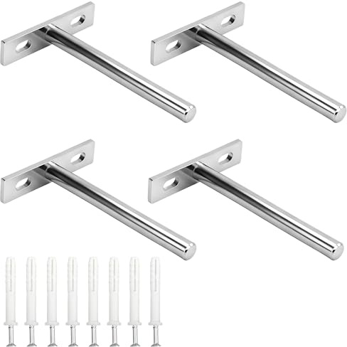 Soportes Flotantes para Estantes, 125mm Soportes de Estantería Invisible de T con Tornillos, Soporte Baldas Metal Pared para Baldas de Madera 4 Piezas Plata