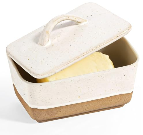 Exquilnova Mantequillera de cerámica con tapa, mantequera francesa, vintage, campana de mantequilla, cerámica, plato de porcelana, rectangular, para cocina, mesa de comedor, mantequera para 250 g de