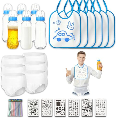 6 Sets Baby Bottle Games Shower DIY Adult Bibs for Diaper Game Plastic Bottles for Baby Shower Games,Gender Reveal Chugging Game Supplies with Disposable Bibs for Party Fun (Light Blue)