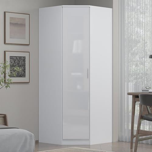Reflect 1 Door Corner Wardrobe | White Gloss & Matt White | Bedroom Storage with 2 Hanging Rails & 1 Shelf | H: 180cm x W: 74.4cm x D: 74.4cm | Modern Space Saving Design