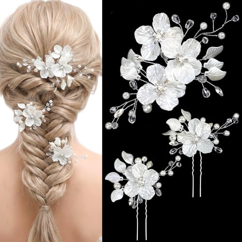 Ouligay 3 PCS Large Bridal Wedding Hair Pins Crystal Pearl Hair Clips Rhinestone Flower Headpiece Bride Wedding Hair-Accessories for Brides Bridesmaids Women Girls, Glitter Emboss White Flower(Silver)