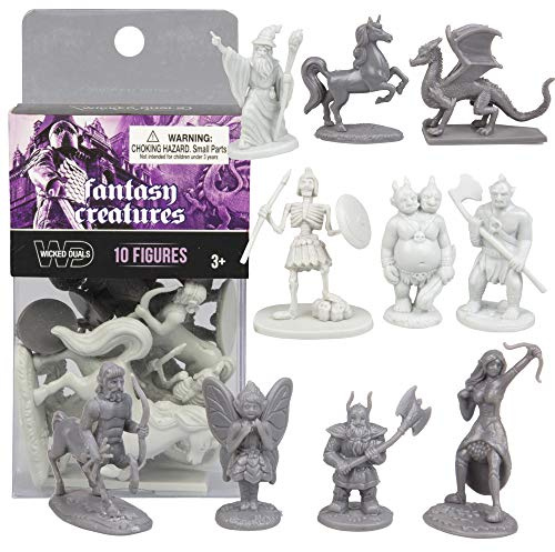 SCS Direct Fantasy Creatures Playset- 10 Different RPG Minis Including Dragons, Wizards & More- Paintable Action Figures Compatible with D&D & Tabletop Role Playing Games, Gifts for Gamers, Kids