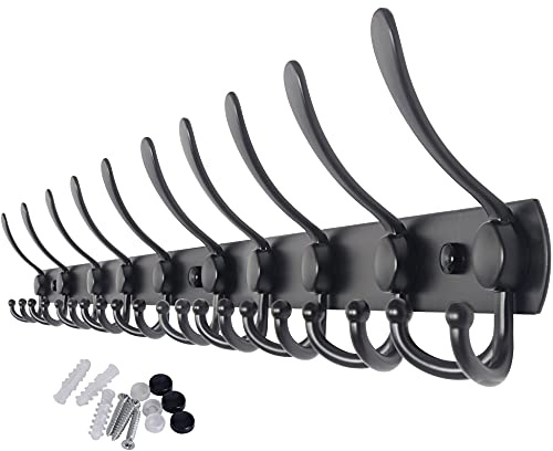 WEBI Coat Rack Wall Mount,37 5/8 Long,10 Hooks,Coat Hooks Wall Mounted,16 Hole to Hole,Coat Hanger Wall,Triple Hooks for Hanging Coats,Clothes,Jacket,Hats,Black