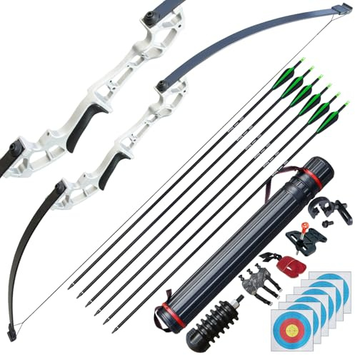 D&Q Arco e frecce Tiro con l'arco Arco ricurvo Arco da caccia 50 pollici 30 libbre 40 libbre con 6 Freccia in Carbonio Misto (Argento, 40LB)