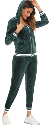 Enjyam Damträningsdress i velour, mysig Nicki-hemmadress, tvådelad joggingdress i mjuk sammet med ribbad jacka med dragkedja och byxor med ficka, Mörkgrön, M