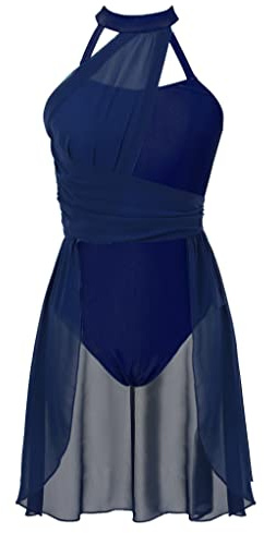 Zaldita Vestido de ballet para mujer, sin mangas, con falda asimétrica de gasa, ballet, leotardo, bailarina, salsa, azul marino, M