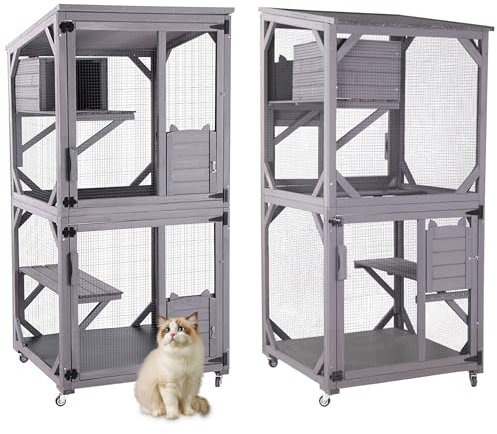 Cat House Outdoor Cage Cat Enclosure on Wheels,Large Wooden Kitty Catio with Resting Box,PVC Layer