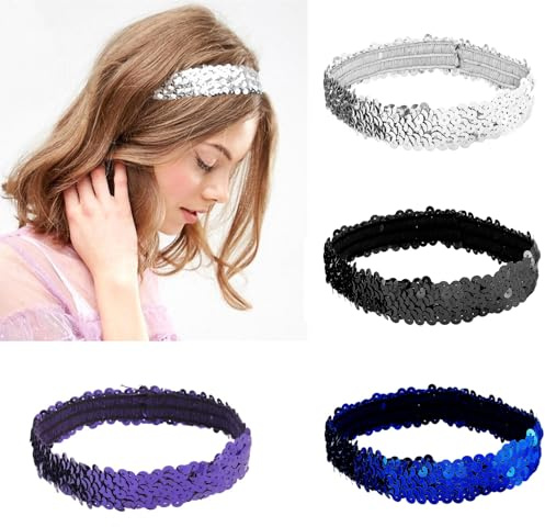 Frdelma Glitterpannband, 4 stycken flickor med paljetter glitter hårband elastiskt hår huvudbonad hårband flickor för daglig dekoration och sport