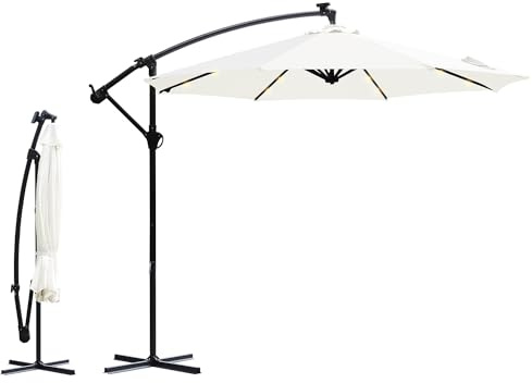 Sekey LED Solar Ampelschirm 300cm LED Sonnenschirm-Solarbetrieben - UV50+ Sonnenschutz - Robust und Stabil für den Gartenn Creme
