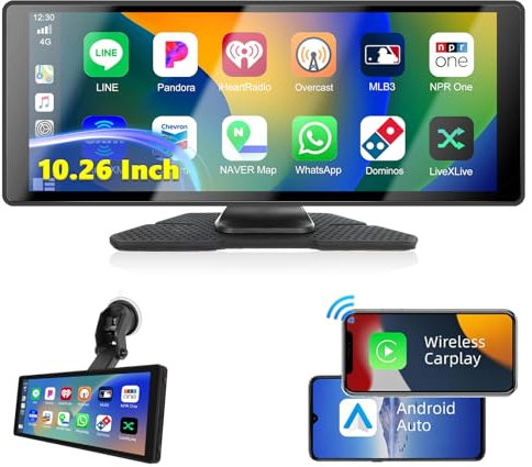 Podofo 10.26 Zoll IPS Tragbares Autoradio mit Kabelloses Carplay Android Auto Touchscreen Digitaler Medienempfänger 7-32V Touchscreen mit Bluetooth/FM Transmitter/AUX/GPS/Airplay/SD/TF
