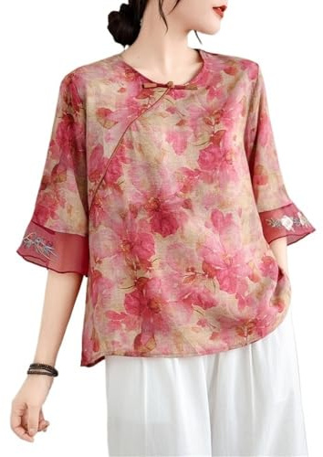 2024 Été Grande Taille Rétro Imprimé Fleuri Style Ethnique Chinois Petit Haut Col Rond Demi Manche Ample Fluide Blouse(Color:Rouge,Size:L)