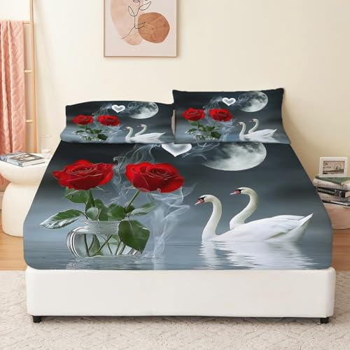 Spannbettlaken 140 x 200 cm Rote Rosen Weiße Schwäne Bettlaken für Boxspringbett Mikrofaser Spannbetttuch Rot Geeignet für bis 30 cm Matraze Soft Bettwäsche Rund-um Elastischer Gummizug