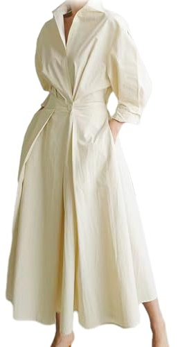 Dam ren bomull skjorta krage klänning, dam bomull button down maxi t-shirt klänning, ledig lös slips midja ärmlängd midi-klänningar, skjortklänningar med fickor