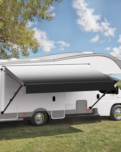 VEVOR Wohnwagen Markise universelle einziehbare Markisen (426,7 cm) wasserdichter Sonnenschutz mit Aluminiumlegierungsrahmen, Außenmarkise mit schwarzem Ständer und schwarzen Stoffen mit Farbverlauf