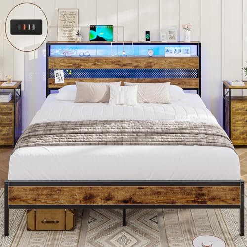 Bett 140x200 mit Lattenrost aus Metall, Bettgestell Metallbett mit Steckdose und USB-Ladefunktion Doppelbett mit Stauraum Bodenbett Jugendbett Bettrahmen für Schlafzimmer und Gästezimmer (140x200cm)