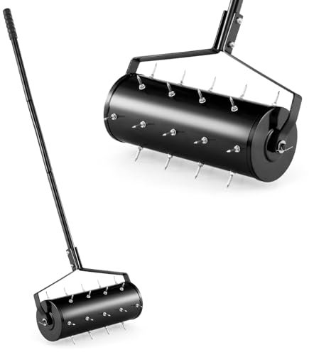 GOPLUS Aireador de Césped de 45/53 cm con Mango de Metal de 130 cm, Tambor Rellenable, Púas Afiladas para Penetrar el Suelo del Césped, Aireador Rodillo Manual para Jardín (45 x 130 cm)