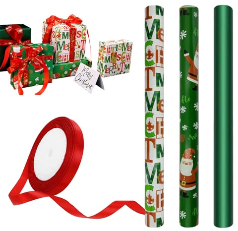 Carta da Regalo Natalizio Set 3 Rotoli di Carta da Regalo Verde Stampa con Babbo Natale e Fiocco di Neve, per Natale, Compleanno, Matrimonio, Baby Shower, Feste, Festival (43 cm x 3 m)