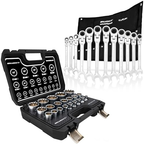 HASKYY Set di chiavi a bussola XZN – 1/2, 8 – 36 mm, 12 spigoli e anello a forchetta a cricchetto 8 – 19 mm, set completo di attrezzi da 33 pezzi
