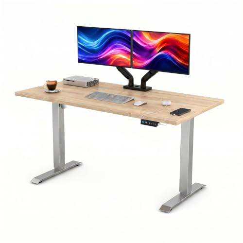 POKAR Höj- och Sänkbart Skrivbord Elektriskt 120x70 cm | Massiv 25mm Bordsskiva | Touch-Panel med USB-C och USB-A | Stående Skrivbord för Hemmakontor | Stativ Silver, Skiva Ljus Sonoma Ek