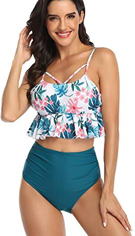 Maillot de Bain 2 Pièces Taille Haute Bandeau Push Up Rembourré Volant Bikini Plage Femme Fille Enfant Mayo de Bain 2 Piece Caleçon de Bain Ensemble Maillot de Bain Deux Pieces Surf Natation Vert